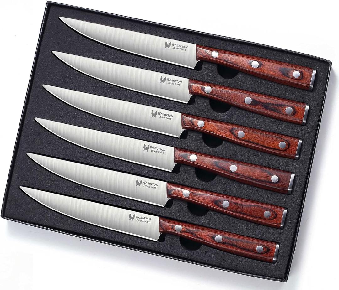 Steak Knives Set of 6 - Ultra Sharp Easy to Hold - Full Tang Wood Handle High Carbon Stainless Steel, Straight Edge Non Serrated - 5'' Kitchen Dinner Knife Cutlery Set in Gift Box (Straight Edge Set 6)