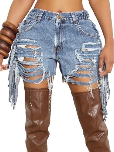 Kwunbwa Women's High Waist Ripped Denim Shorts Tassels Hem Distressed Stretchy Trendy Summer Jean Shorts Size XL