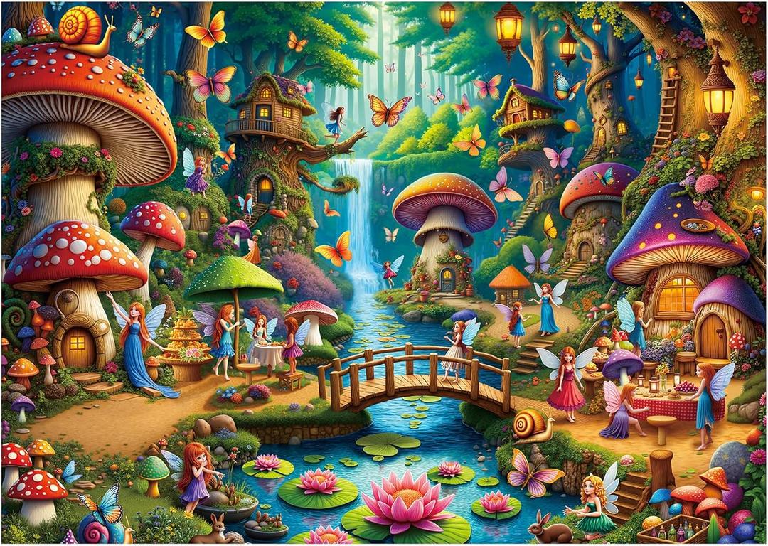 Rocorose Jigsaw Puzzle for Adults, 1000 Pieces Fairyland Mushroom House Puzzle Colorful Fairy Cottage Puzzle Challenging Family Perfect for Game Nights Party Butterfly Flower Decoration