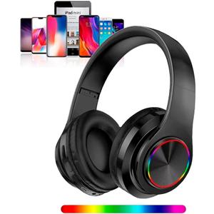Wireless Bluetooth Headphones with Colorful LED Lights, Built-in Mic, Light Weight, Foldable, Wired HiFi Stereo Headphones for Classroom/Home Office/PC/Mobile Phone/Kids Adult (Black)