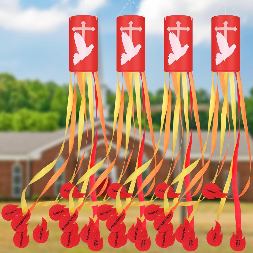 4 Pack 24 Inch Sunday Windsocks Pentecost Decorations Come Holy Spirit Christian Religious Holiday Party Decorations Heavy Duty Ripstop Red Windsocks for Church Garden Lawn Outdoor Indoor Decor