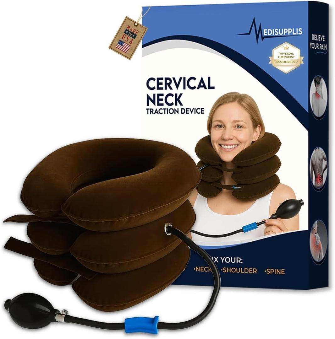 Neck Stretcher for Instant Neck Pain Relief - Neck Support Brace Adjustable & Inflatable Cervical Neck Traction Device - Neck Decompression Devices for Home Use (Brown)