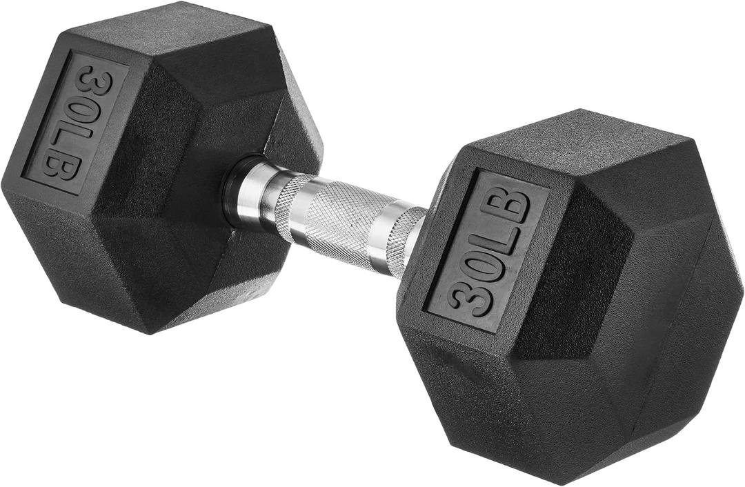 Amazon Basics Rubber Hex Dumbbell for Home Gym with Comfortable Grip, Easy to Hold, Hexagon Shape, 30 Pounds, Single, Black