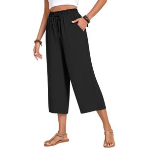 Anyhold Womens Capri Pants Loose High Waisted Wide Leg Lounge Pants Drawstring Casual Palazzo Trousers with Pockets (X-Large, Black)