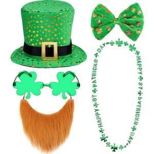 Haysandy 5 Pcs St. Patrick's Day Leprechaun Costume Suit Set Hat Fake Beard Bow Tie Clover Glasses Shamrock Necklace