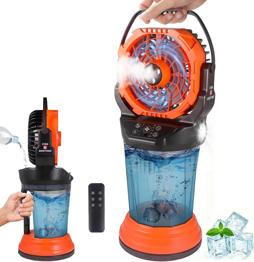 Fotgear Portable Misting Fan - 2026 New Mist Fan with 3 Spray Nozzles, 2 Spray Modes & 2L Water Tank, 20000mAh Battery & Remote, 120 Auto Oscillating, RGB Lights & Flashlight for Camping Patio Beach
