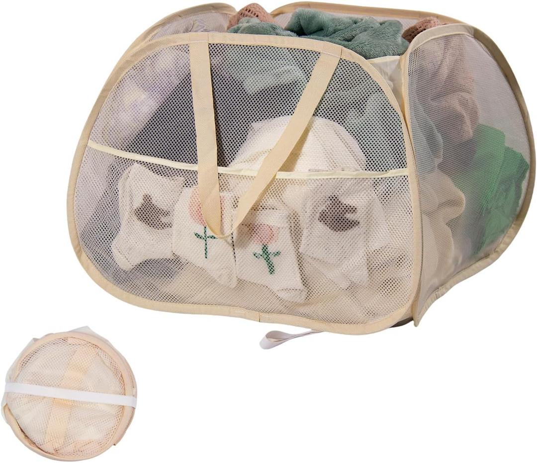 Collapsible Laundry Basket, 90L Foldable Pop-up Laundry Hamper with Handles, Square Mesh Dirty Clothes Hamper for Laundry, Bathroom, Kids Room, Dorm,Travel or Camping (Beige)