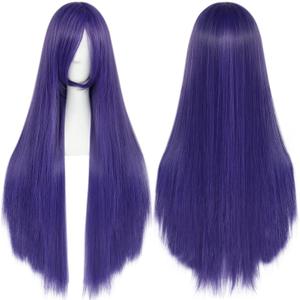 ANOGOL Hair Cap+32Inch/80cm Long Purple Wig for Women Anime Cosplay Purple Straight Wig with Bangs peluca morada larga Mujer for Halloween Costumes Women
