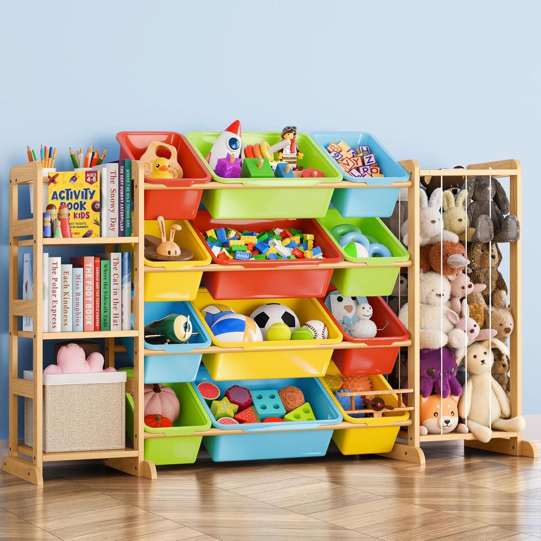 Mirolam Toy Storage Organizer with Bookshelf and Stuffed Animal Storage - Playroom Organization with Shelves and 12 Bins - Living Room Box for Lego - Bedroom Decor Essentials (Rainbow)