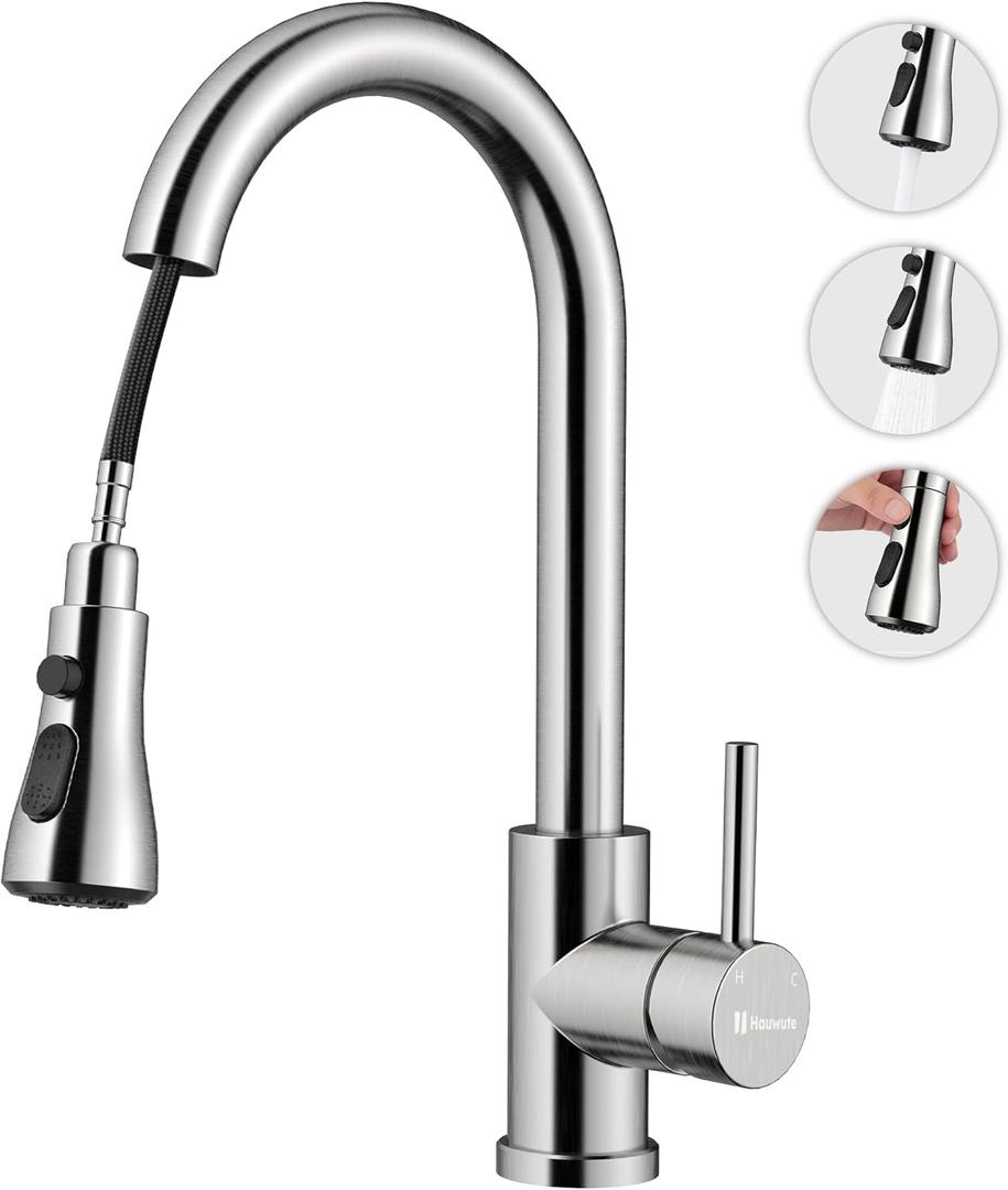 Kitchen Faucet with Pull Down SprayerBrushed Nickel Kitchen Sink Faucet with 3 Modes304 Stainless Steel Faucet for Kitchen Sink RV Laundry Farmhouse Bar