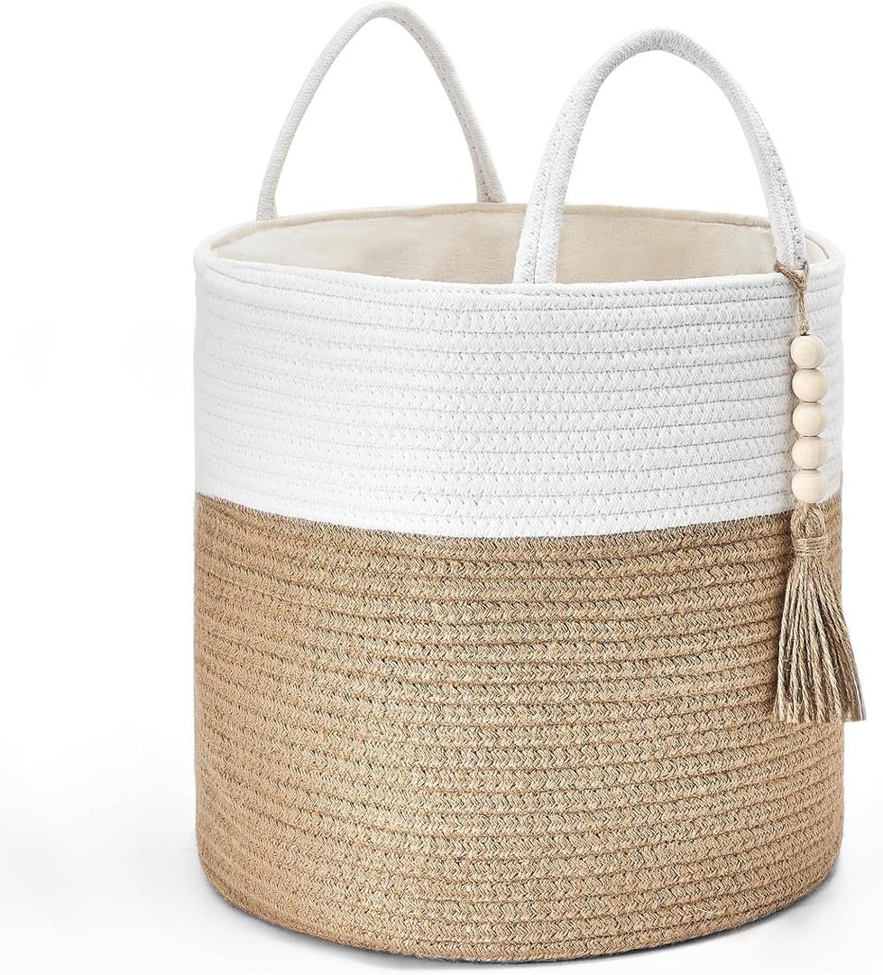 Mkono Woven Storage Basket Decorative Rope Basket Wooden Bead Decoration for Blankets,Toys,Clothes,Shoes,Plant Organizer Bin with Handles Living Room Home Decor, 11" W  11" L, Cream White and Brown