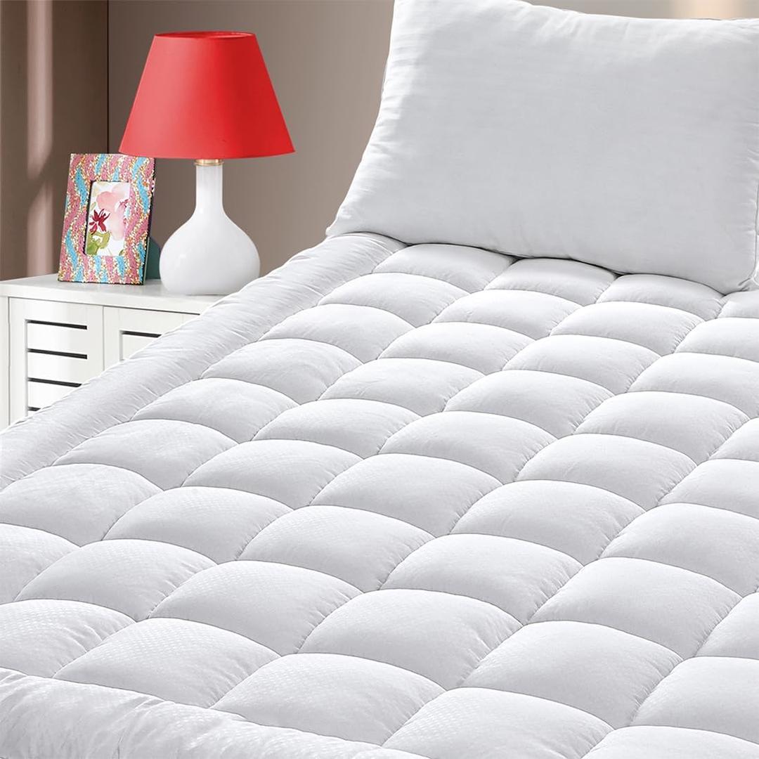 King Size Quilted Fitted Mattress Pad Cover with Deep Pocket Fitted 8" - 21", Ultra Soft and Comfortable, Breathable (White, King)