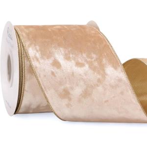 Ribbli Champagne Velvet Wired Ribbon 4 Inch Metallic Champagne Gold Crushed Velvet Christmas Ribbon for Gift Wrapping Christmas Tree Decoration Crafts Wreaths Supplies-Continuous 10 Yards