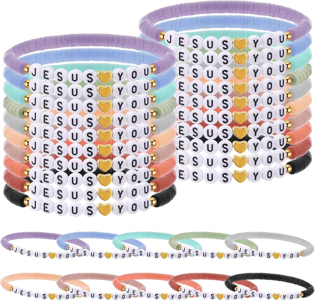30 Pcs Jesus Loves You Bracelets Bulk Friendship Bracelets Clay Bead Christian Wristbands for Kids Religious Jesus Loves You Wristbands Halloween Christmas Sunday(Morandi)