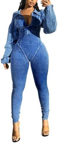Voghtic Women's Sexy v Neck Bodycon Jumpsuit Distressed Long Sleeve Full Length Leggings Stretch One Piece Outfits, XL