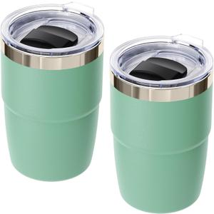 8 oz Small Coffee Cup with Magnetic Lid, Ceramic-Lined 18/8 Stainless Steel, Double-Wall Vacuum Insulated, Stackable, Dishwasher Safe, Mini Tumbler for On-the-Go, 2 Pack, Seafoam