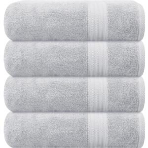 GLAMBURG Premium Cotton 4 Pack Bath Towel Set - 100% Pure Cotton - 4 Bath Towels 27x54 - Ideal for Everyday use - Ultra Soft & Highly Absorbent - Light Grey