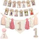 Handmade 1st Birthday High Chair Banner Birthday Decorations for Baby Boy with Garland Crown Hat Wild One Cake Topper Baby Photo Banner for Boy Wall Hangings Decorations (Pink)