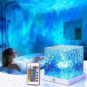 Waterproof Shower Light, Rechargeable Shower Lamp with 16 Color Changeable, Wireless Bathroom Lamp Mood Lighting with Touch & Remote Control, LED Ocean Wave Projector Light for Inside Shower, Bedroom