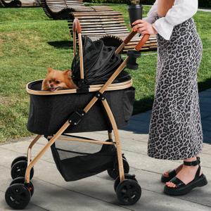 Pet Stroller for Small Medium Dogs Cats with Detachable Carrier  Zipperless Entry, Easy Fold with Removable Liner, Storage Basket + Cup Holder, Black