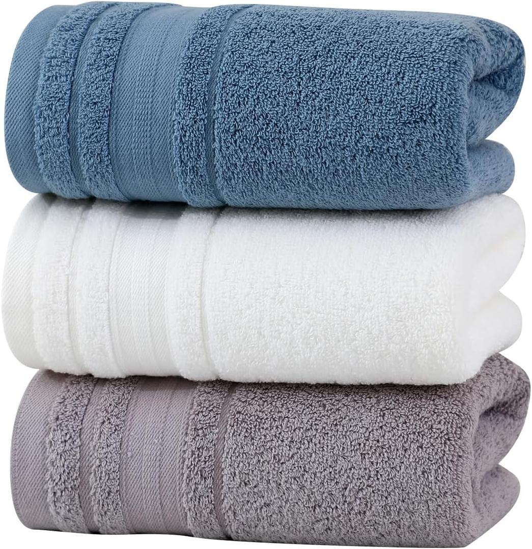 Premium Hand Towels for Bathroom Face Towels Set of 3 Cotton Quick Dry Soft for Bathroom, Spa, Travel (Blue, White, Grey)