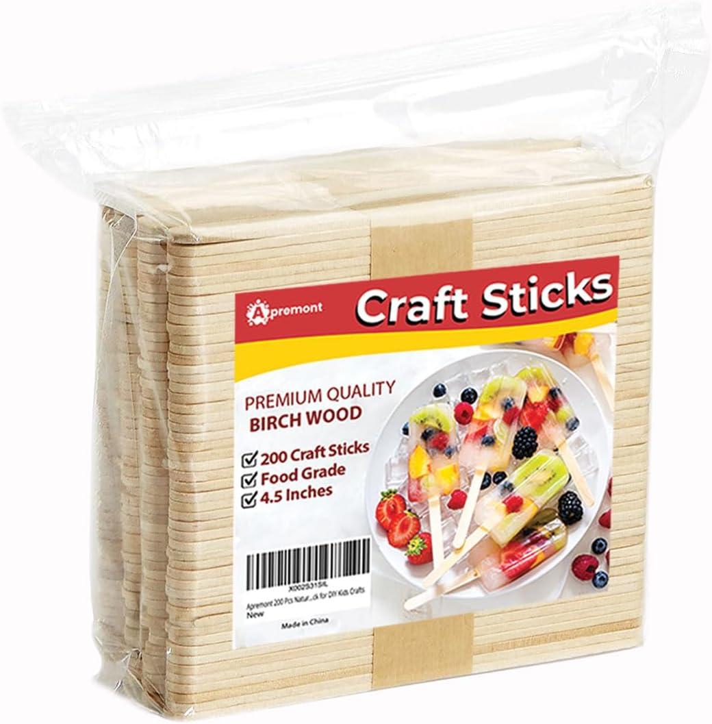 Apremont 200 Pcs - 4.5 inch Natural Wooden Food Grade Craft Sticks - Ice Cream Stick - Popsicle - Suit Crafting, Stirring, Paddle, Waxing, Small Ice Pop Stick for DIY Kids