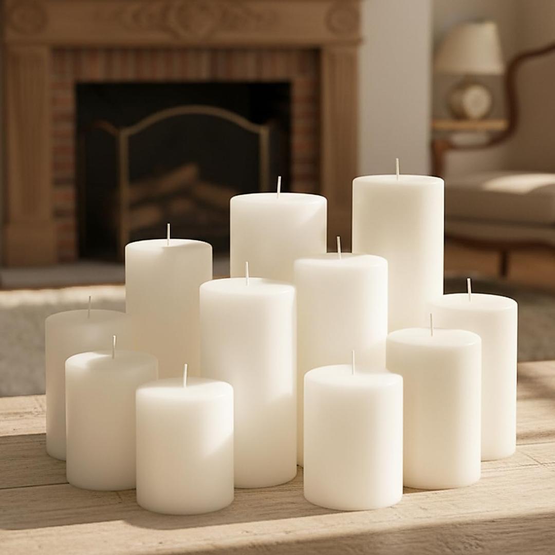 12 Pack White Pillar Candles Bulk Set, 3x3/6/8 Inch - 4 Each Size, Dripless Smokeless Clean Burning for Wedding Centerpieces, Home Decor, Church, Romantic Ambiance (12-Flat Top)