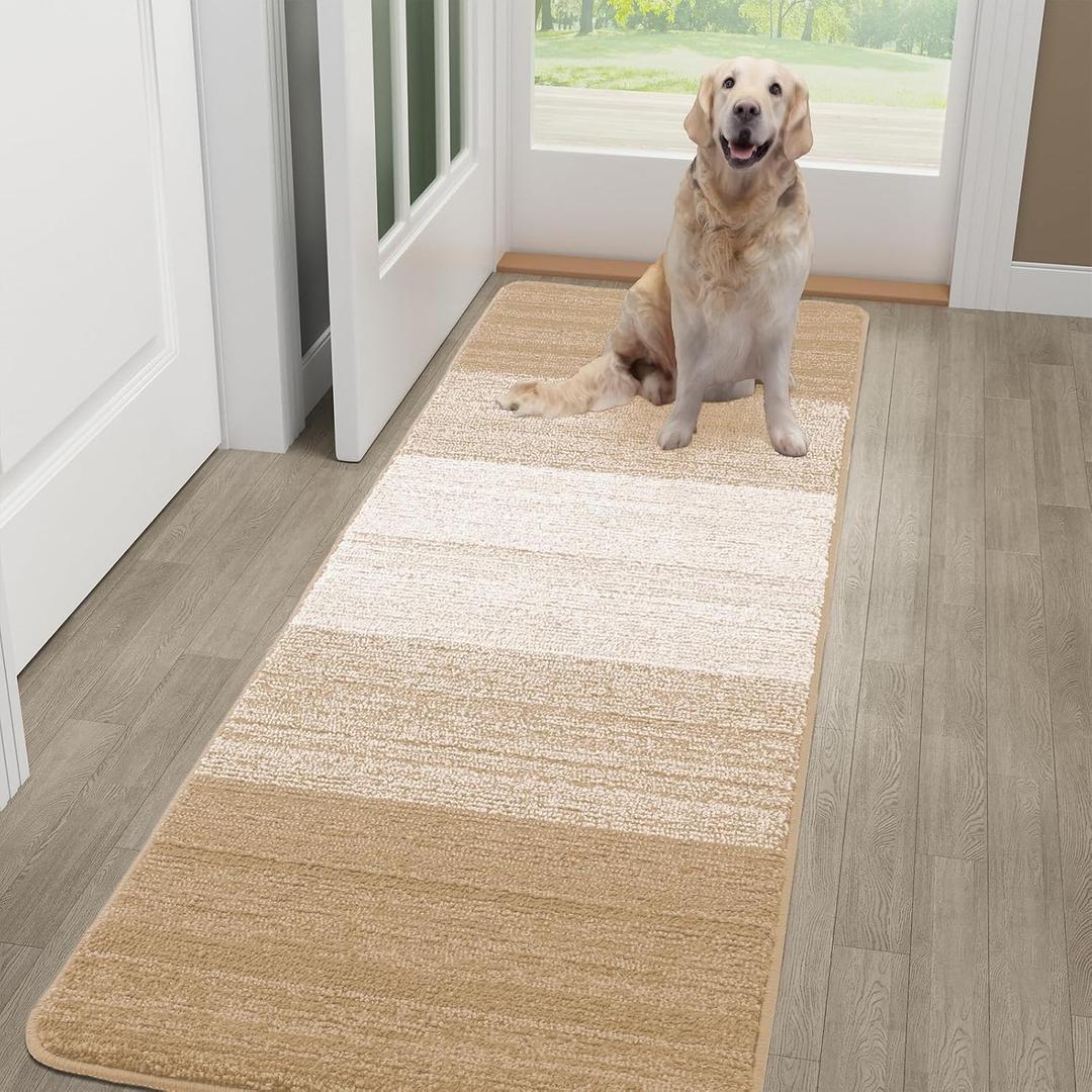 Kitinjoy Indoor Outdoor Door Mat, 59x24 Non-Slip Absorbent Dirt Trapper, Low-Profile Washable Inside Entrance Front Floor Mat, Sturdy Soft Entry Doormats for Entryway, Beige