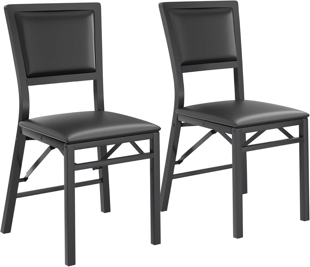 VECELO Folding Dining Chairs Set of 2, Metal Padded Foldable Seating with Comfortable Faux Leather, Space-Saving Portable Guest Seats for Kitchen & Office, No Assembly, Black, 2 Pack
