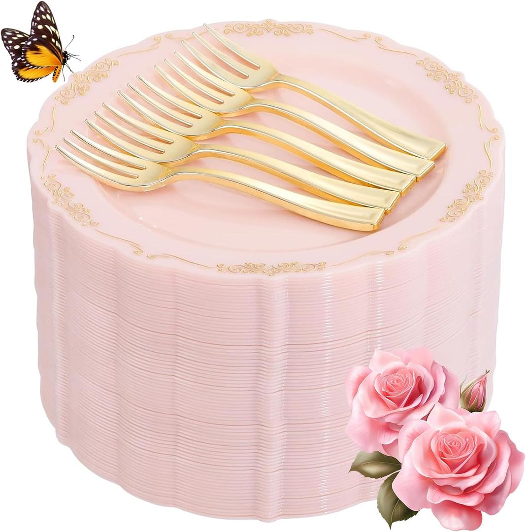 LIYH 100 Pcs Pink Gold Dessert Plates - 100 Pcs Gold Plastic Forks,Cake Plates Disposable with Forks, Appetizer Plates, Bridal Shower Party Plates for Birthday Wedding Party
