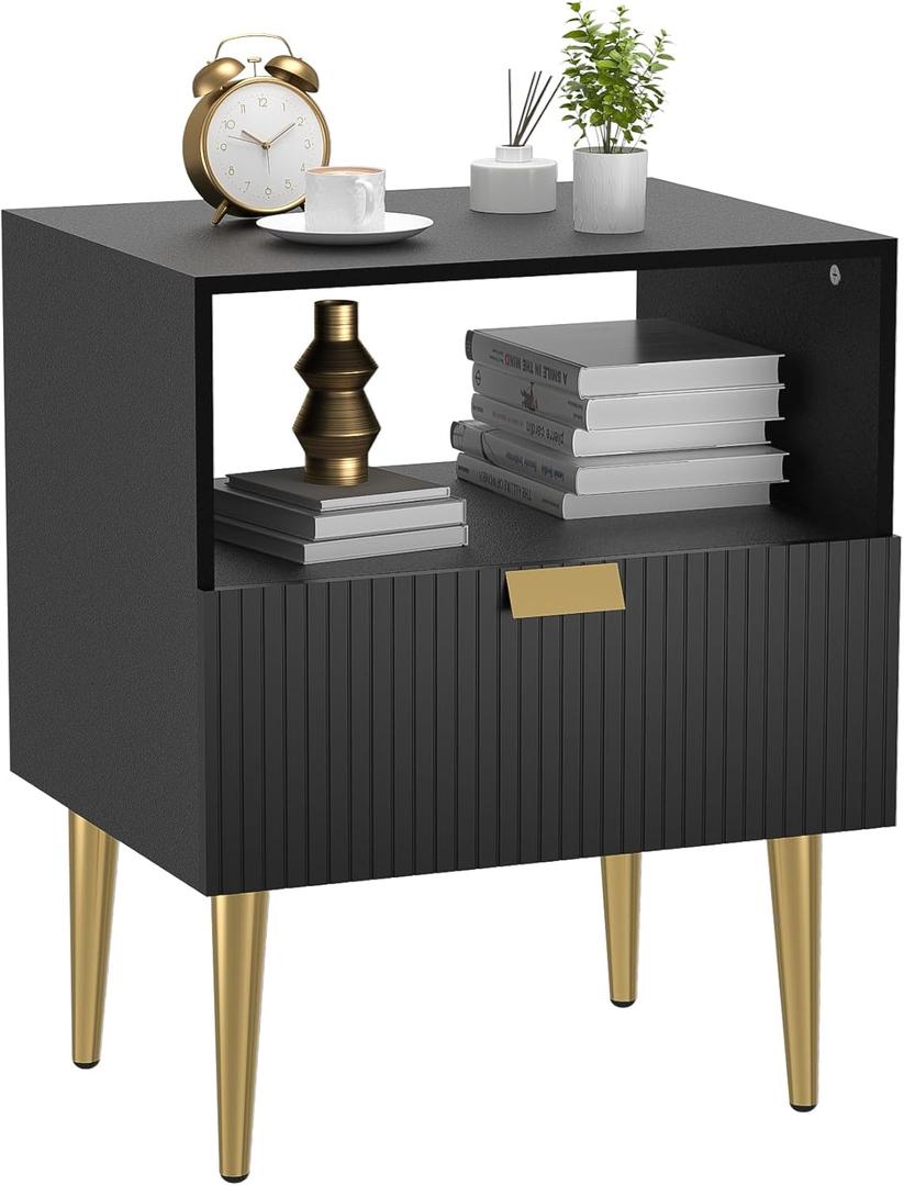 Nightstand with Drawer, Modern Black Night Stand, End Table with Gold Leg, Bedside Table for Bedroom (Modern Single, Black)