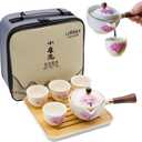 LURRIER Porcelain Chinese Gongfu Tea Set,Portable Teapot Set with 360 Rotation Tea maker and Infuser,Portable All in One Gift Bag for Travel,Home,Gifting,Outdoor and Office (Sakura)