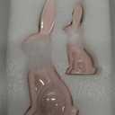 RM ROOMERS Easter 2PCS Bunny Figurine Decor Pink and White Ceramic Rabbit Statues with Fluff on Neck Plush Easter Porcelain Decoration for Home Tabletop Farmhouse Wedding Spring Gifts