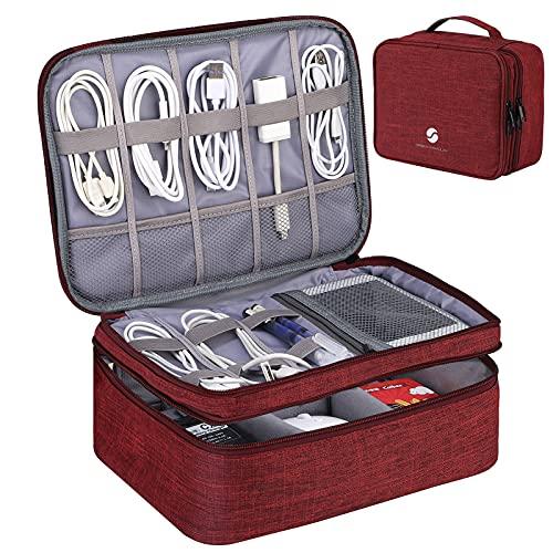 ORIENT FAMULAY Travel Electronics Organizer, Waterproof Cable Organizer Bag for Electronic Accessories Double Layer Large Shockproof Cable Storage Bag for Cord, Power Bank, Tablet(Up to iPad 11 inch) - Wine Red
