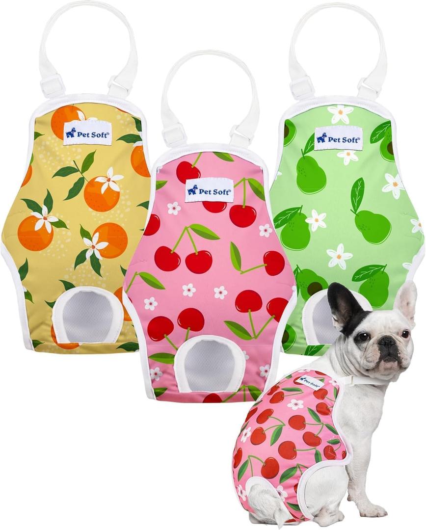 Pet Soft Dog Diapers Female Onesie Sanitary Pantie with Adjustable Suspender, Colorful Pattern Washable Puppy Diapers Female, Super Absorbent Underwear Dog Diaper for Heat (Fruit, L)