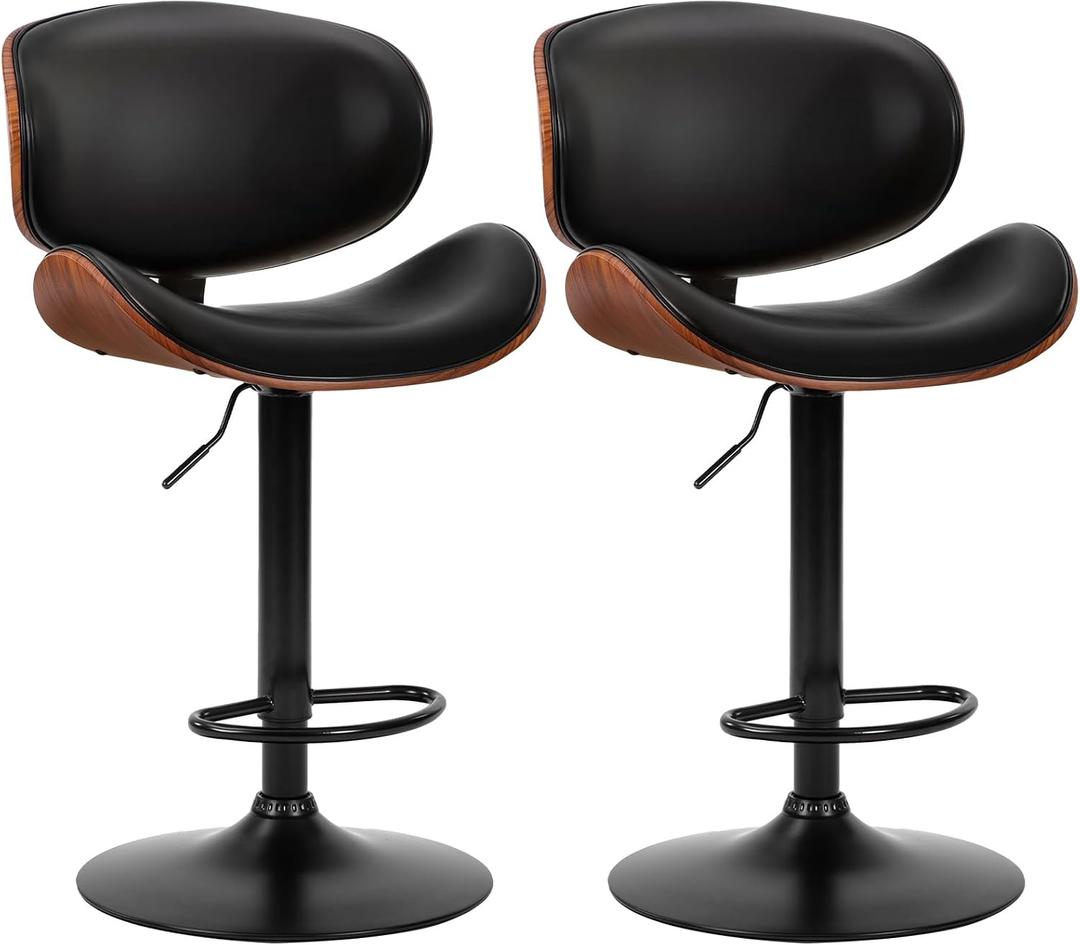 DUMOS Swivel Bar Stools Set of 2, Adjustable Counter Height Bentwood BarStools, PU Leather Upholstery Bar Chair with Ergonomic Back and Footrest, Counter Stools for Bar, Home Kitchen Island, Black