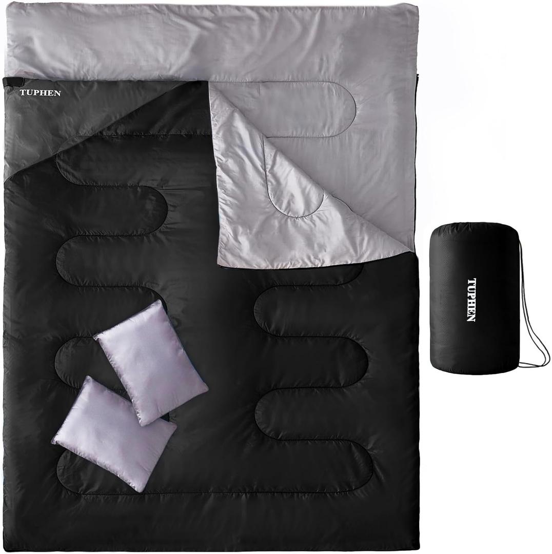 Tuphen Double Sleeping Bag, Sleeping Bag with 2 Pillows, Queen Size XL Bag for 2 People, Cold Warm Weather- 3 Seasons, Waterproof Adults for Camping, Backpacking or Hiking (Black Grey)