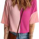 Dokotoo Womens Summer Tops Fashion 2025 Half Sleeve Fluffy Touch Waffle Knit Shirts Casual V Neck Colorblock Patchwork Blouse (XX-Large, Pink)