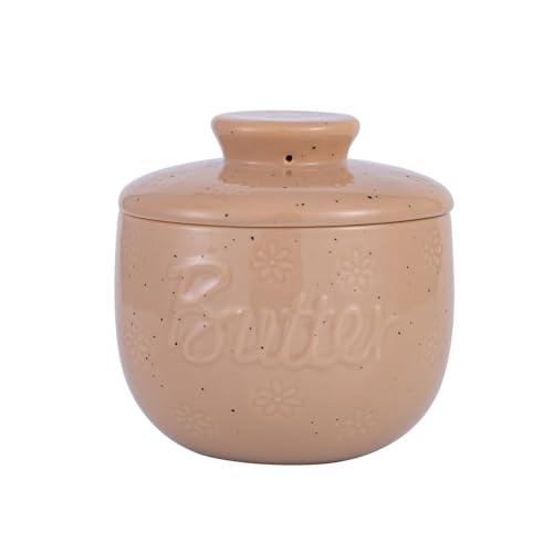TEATALK French Large Butter Crock, 8oz Ceramic Keeper with Lid, Floral Embossed Butter Dish with Water Line for Soft Spreadable Butter, Brown
