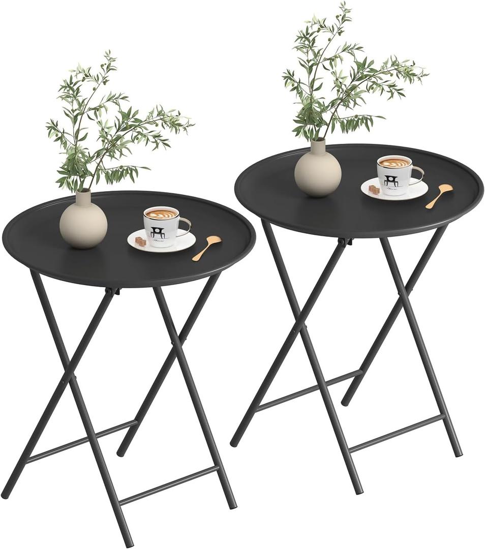 Garden 4 you Folding TV Tray Table, Metal Round Side Table, Black Dinner Table with Metal Frame, Modern Outdoor Tray Table for Living Room, Bedroom, Patio & Small Spaces, 2 Packs