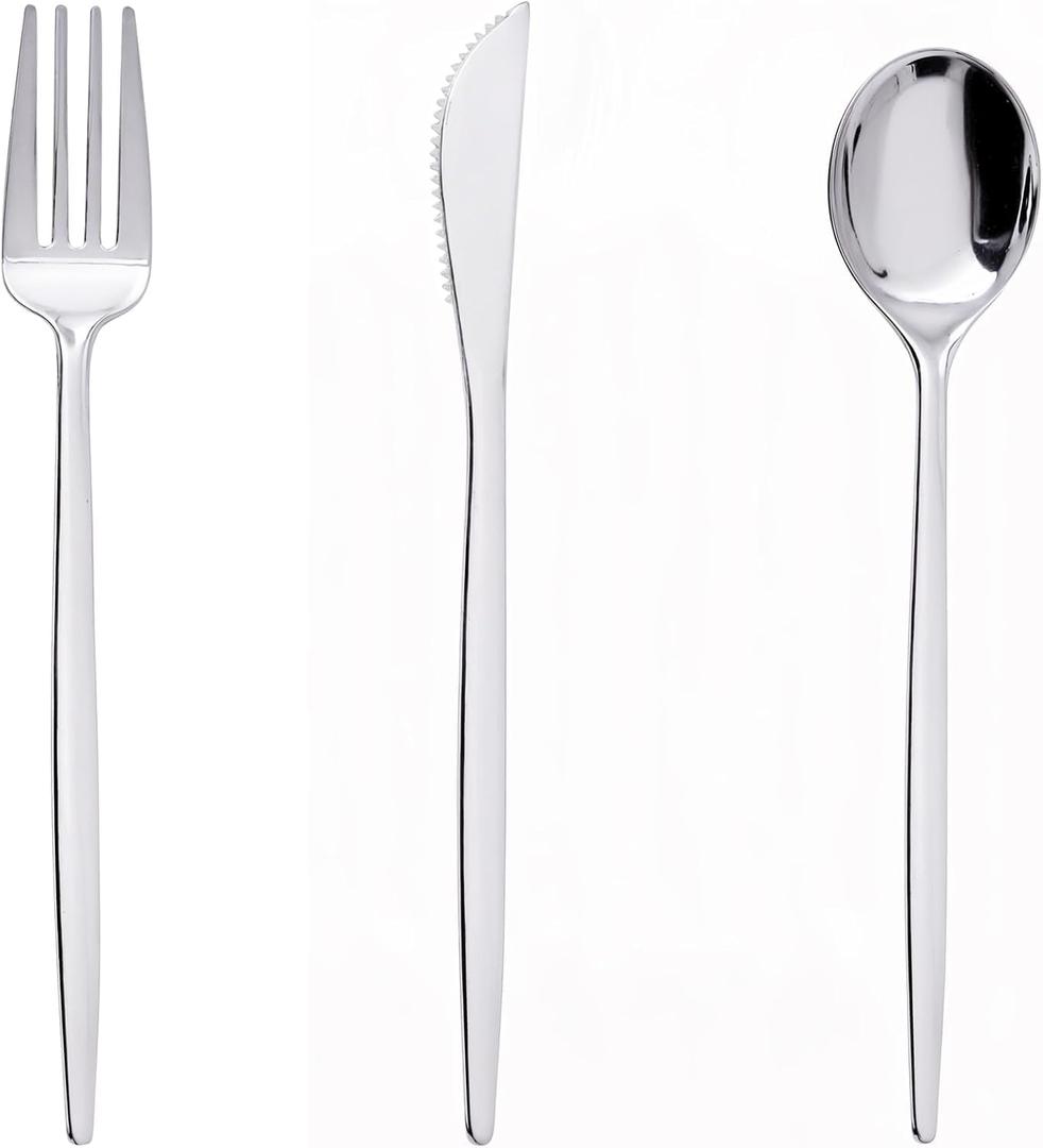 PULOTE 150PCS Silver Plastic Silverware Disposable - Heavy Duty Silver Plastic Cutlery Set - Plastic Utensils Set Include 50 Knives,50 Forks and 50 Spoons for Wedding,Party&Christmas