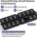 Foldable Weekly Pill Organizer 2 Times a Day with 2 Extra Compartments (Clear Printed Labels) - Portable 7 Day AM PM Medicine Box, Week Daily Travel Pill Case Holder for Vitamin, Supplement - Black