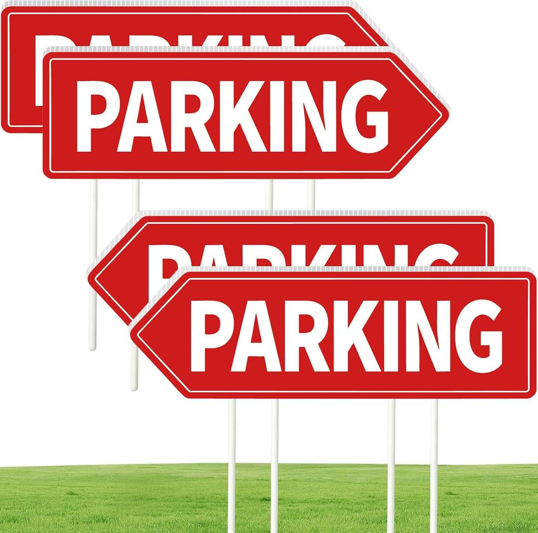 Parking Sign 4 Pack, 16"x5" Parking Signs for Outside Event, Double Sided Waterproof with Stake Corrugated Plastic Red