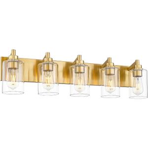 5-Light Bathroom Light Fixtures, 30 Inch Brushed Gold Vanity Light with Cylinder Clear Glass Shade, Modern Vanity Lighting Fixtures Over Mirror, VL143-BG-5