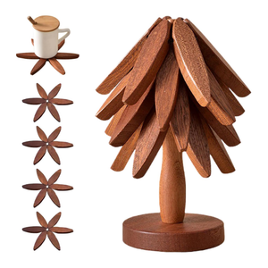 Wooden Trivets for Hot Dishes - Trivet Tree, Tree Coasters, Decorative Shape Set, 4 Coasters + 1 Stand, Walnut Foldable Hot Plate Holder for Pots, Pans, Bowls, Teapots