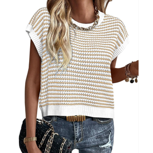 PRETTYGARDEN Womens Short Sleeve Sweater Spring Summer 2025 Round Neck Striped Pullover Cap Sleeve Knit Sweater Vest Tops, S