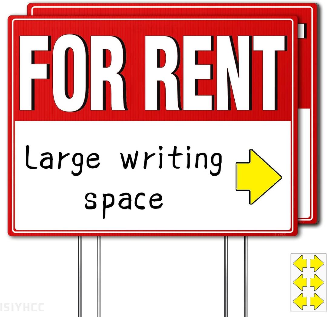 2 Pack For Rent Sign with Stakes, 17x13" Double-Sided Yard Sign - Extra Large Writing Space, Arrow Stickers, Weatherproof for Landlords