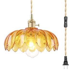 OURIFU Glass Plug in Pendant Light E26 Farmhouse Fixtures with Plug in On/ Off Switch Cord Amber Vintage Ceiling Hanging Light 1Light Nordic Style Pendant Lighting for Kitchen IslandDining Living Room