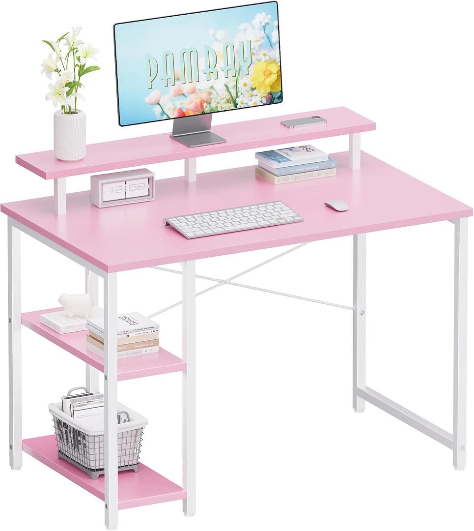 Pamray 33.5 Inch Small Computer Desk with Monitor Stand and Shelves