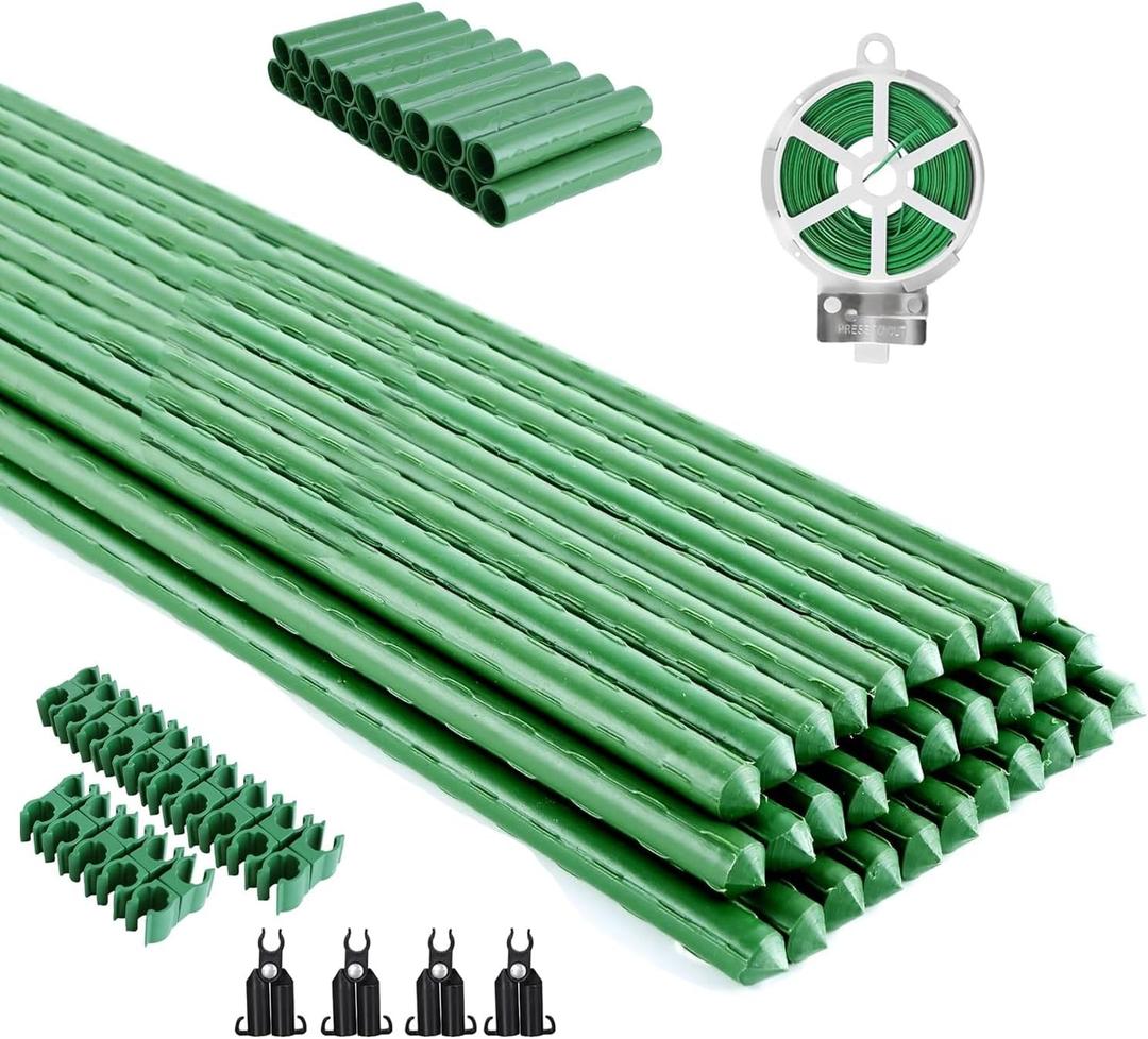 BOTINDO 72 Pcs Garden Stakes 30 Sets 16 Inch Steel Tomato Plant Stakes and Accessories, DIY 4ft 5ft 6ft 7ft Plant Stakes Sticks Supports for Outdoor, Gardening, Vegetables, Pepper, Fences (16 inch)